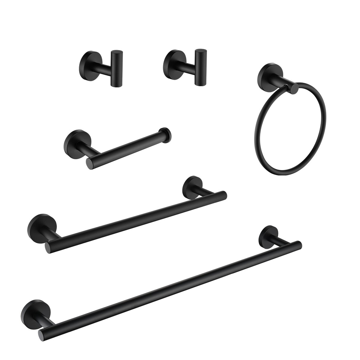 AEELLEEA Matte Black Bathroom Hardware Set, 6-Piece Metal Towel Bar Towel Ring Toilet Paper Holder Robe Hooks, Wall Mount Bath Accessories