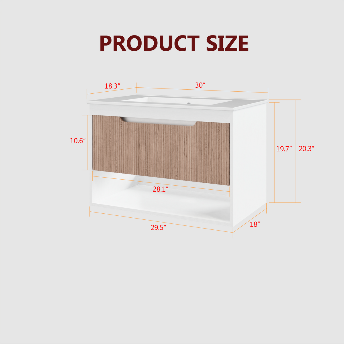 AEELLEEA 30" Floating Bathroom Vanity, Fluted Oak Drawer, White Ceramic Sink, Wall Mount Bath Cabinet