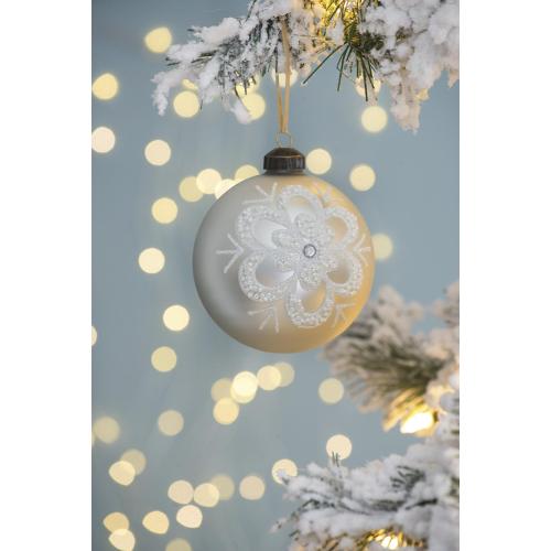 Silver Christmas Ball Ornaments, Glass Xmas Tree Decorations with White Snowflake Lace and Rhinestone, Hanging Bauble for Holiday Party Wreath Decor,Pack of 12