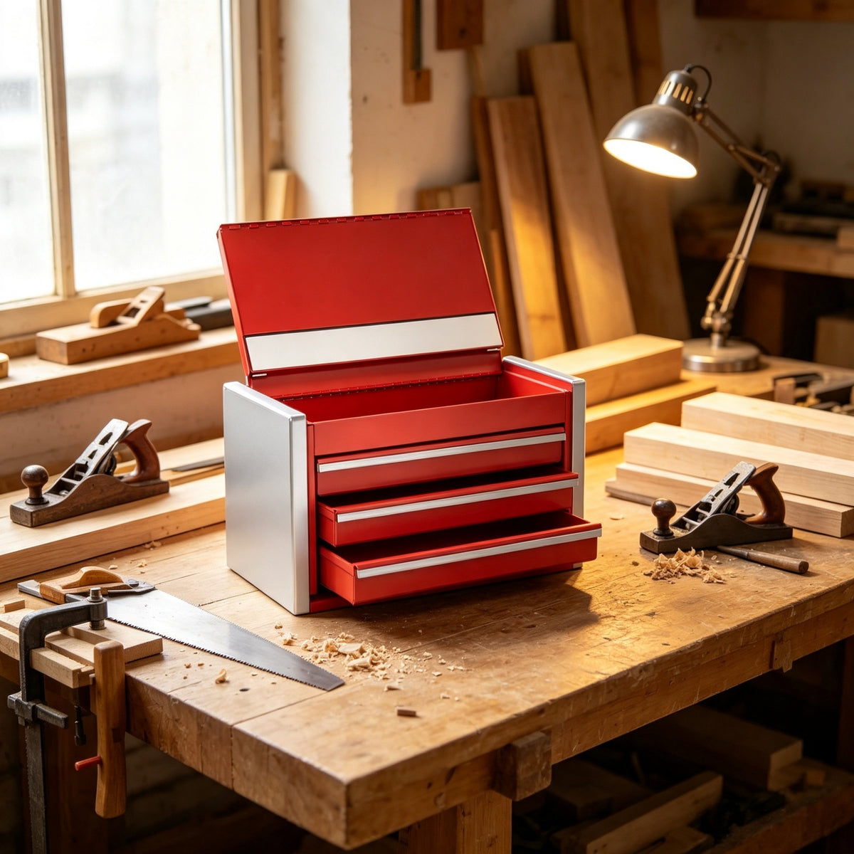 Mini Metal Tool Box with 3 Drawers, Powder Coated Steel Small Storage Chest with Magnetic Lid, Portable Desktop Organizer for Tools, Jewelry & Craft Supplies