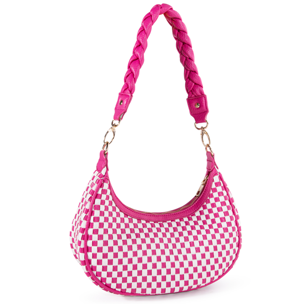 Checkered Shoulder Bag for Women, Y2K Hobo Crescent Purse with Braided Strap, Small Pink White Armpit Bag Trendy Fashion Handbag