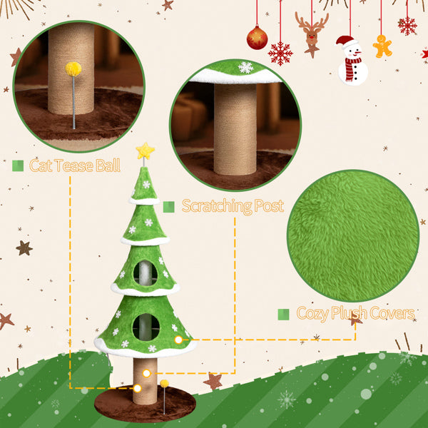AEELLEEA Christmas Tree Cat Tower with Sisal Scratching Post, 2 Cat Hideaways & Teaser Ball, 59.1" Tall