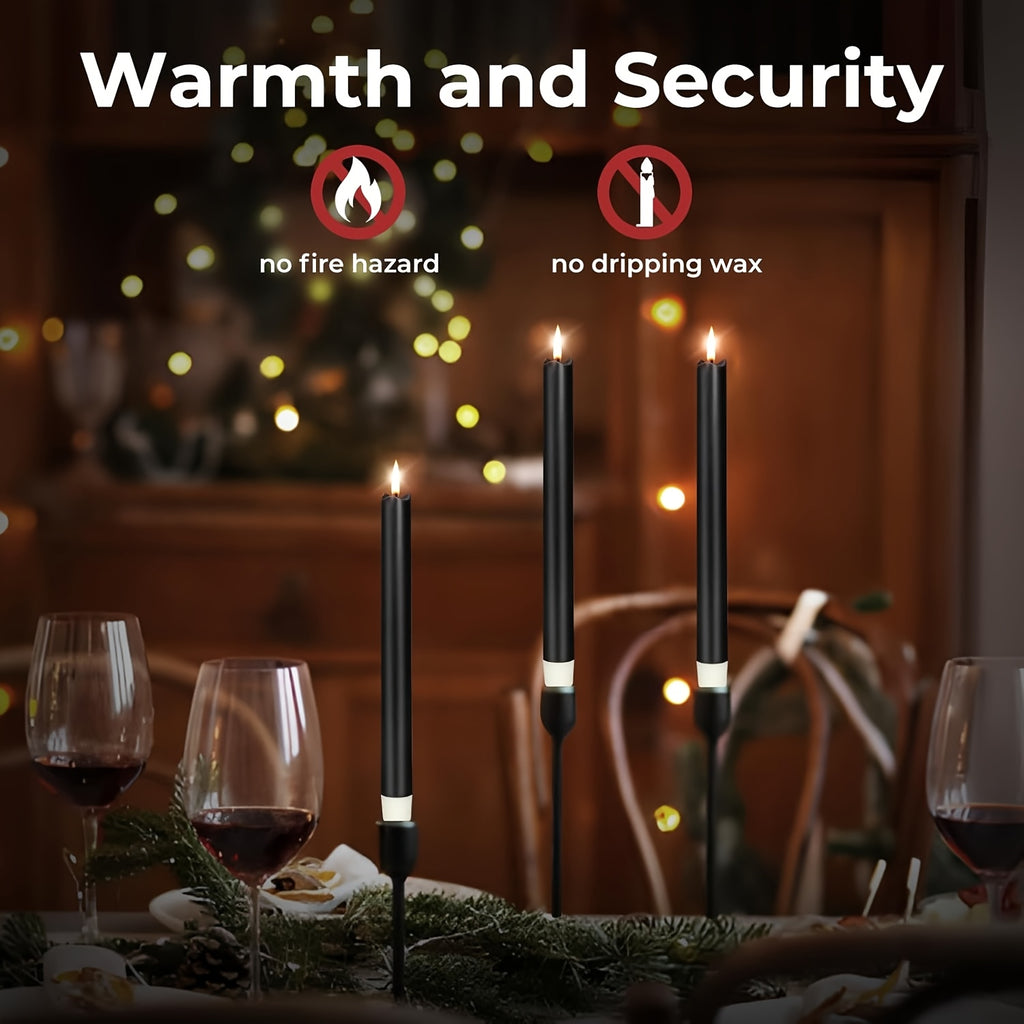 Flameless Black Taper Candles Flickering with 10-Key Remote, LED Warm 3D Wick Light Window Candles Real Wax Pack of 6, Christmas Home Wedding Decor
