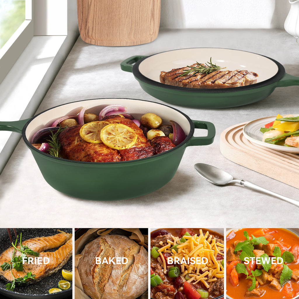 2-in-1 Enameled Cast Iron Combo Cooker, Dutch Oven with Skillet Lid, Multi-use Braising Pot for Stovetop & Oven, Green / Orange Available