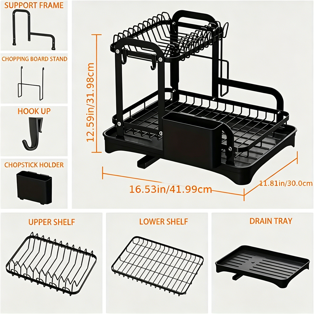 Large Dish Drying Rack - Stainless Steel Metal Dish Drying Rack for Kitchen Counter and Sink,2 Tier Dish Drainer with Drainboard,Black Kitchen Storage Rack with Cups Holder and Utensil Holder