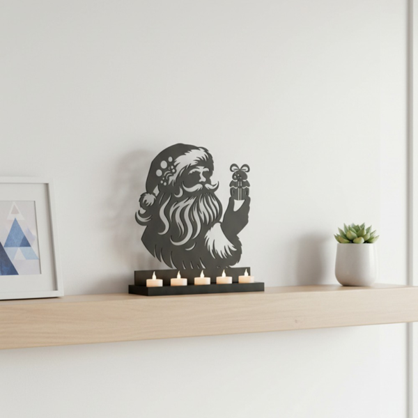 Santa Claus Christmas Candle Holder, Black Metal Tealight Holder with 5 Slots, Festive Christmas Table Decoration for Home Holiday Decor