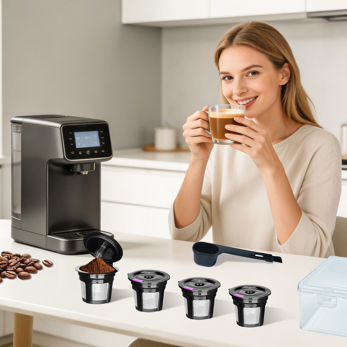 AEELLEEA Reusable Coffee Pods Filter Kit 2"x1.57", 4 Pack Refillable Coffee Capsules with Storage Box & Spoon, Fits 1-Prong Coffee Machines