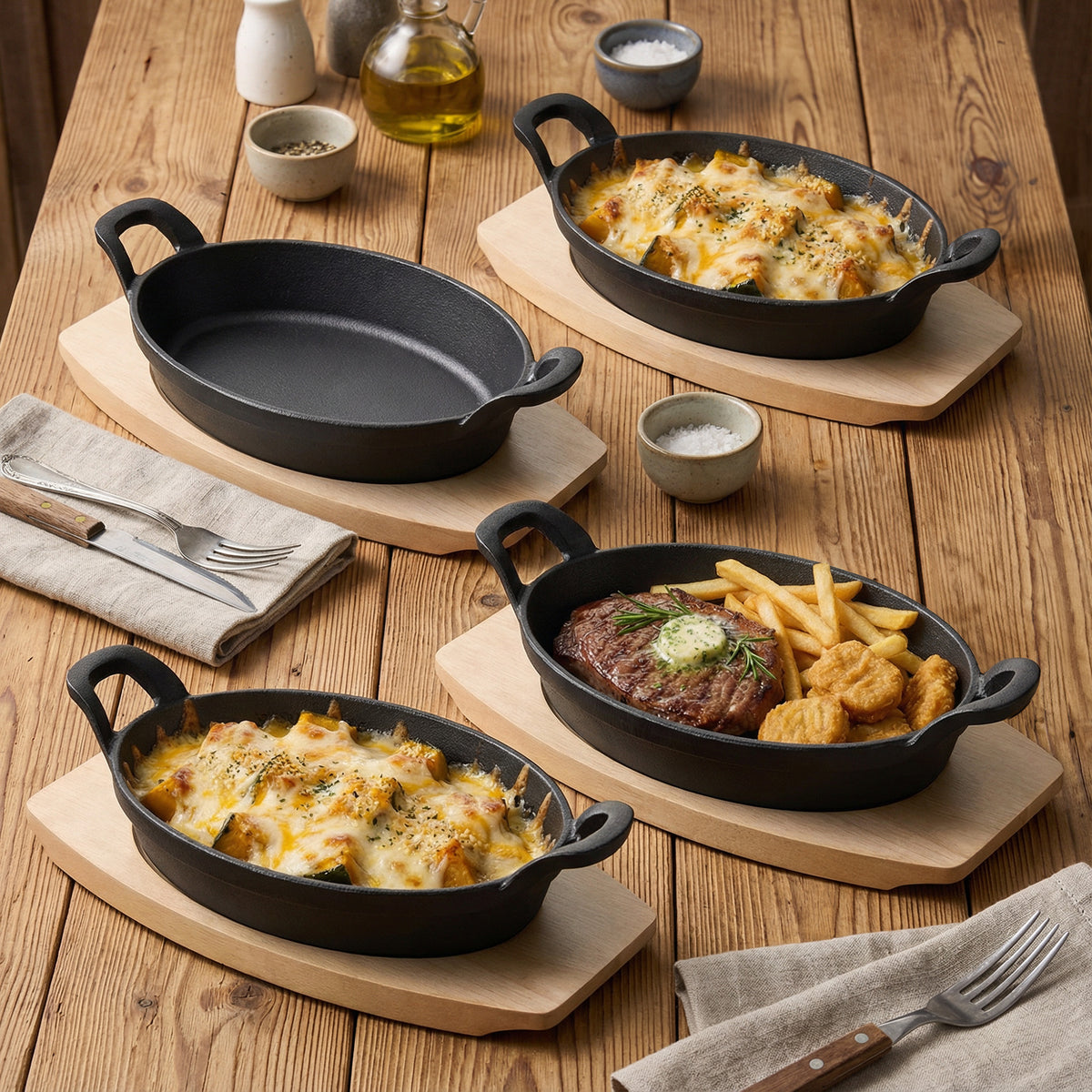 Oval Cast Iron Fajita Pan with Wooden Base, Double Handles, Individual Baking Dish for Steak, Casserole, Bakeware Set, Available in 2 Pack & 4 Pack
