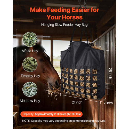 Horse Slow Feeder Hay Bag, 21.65"x7.28"x25.2" Hanging Nylon Hay Bag with 1.81" Holes, Adjustable Straps
