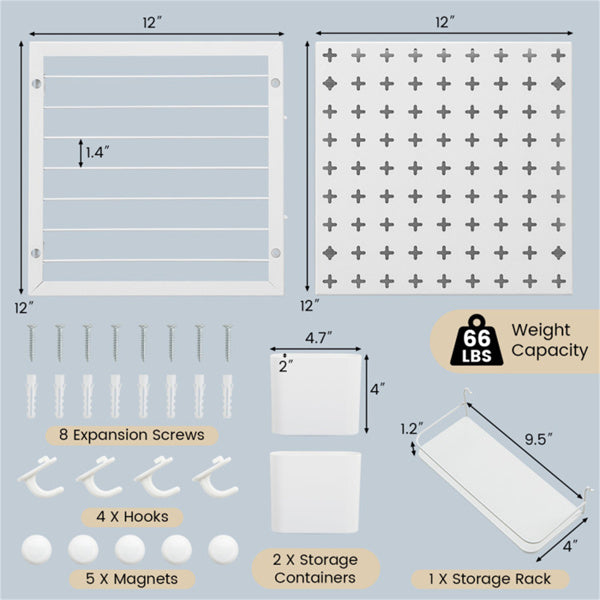AEELLEEA Wall-Mounted Pegboard Organizer with Storage Bins, Hooks, Magnets and Shelf, Metal Wall Storage for Kitchen or Office