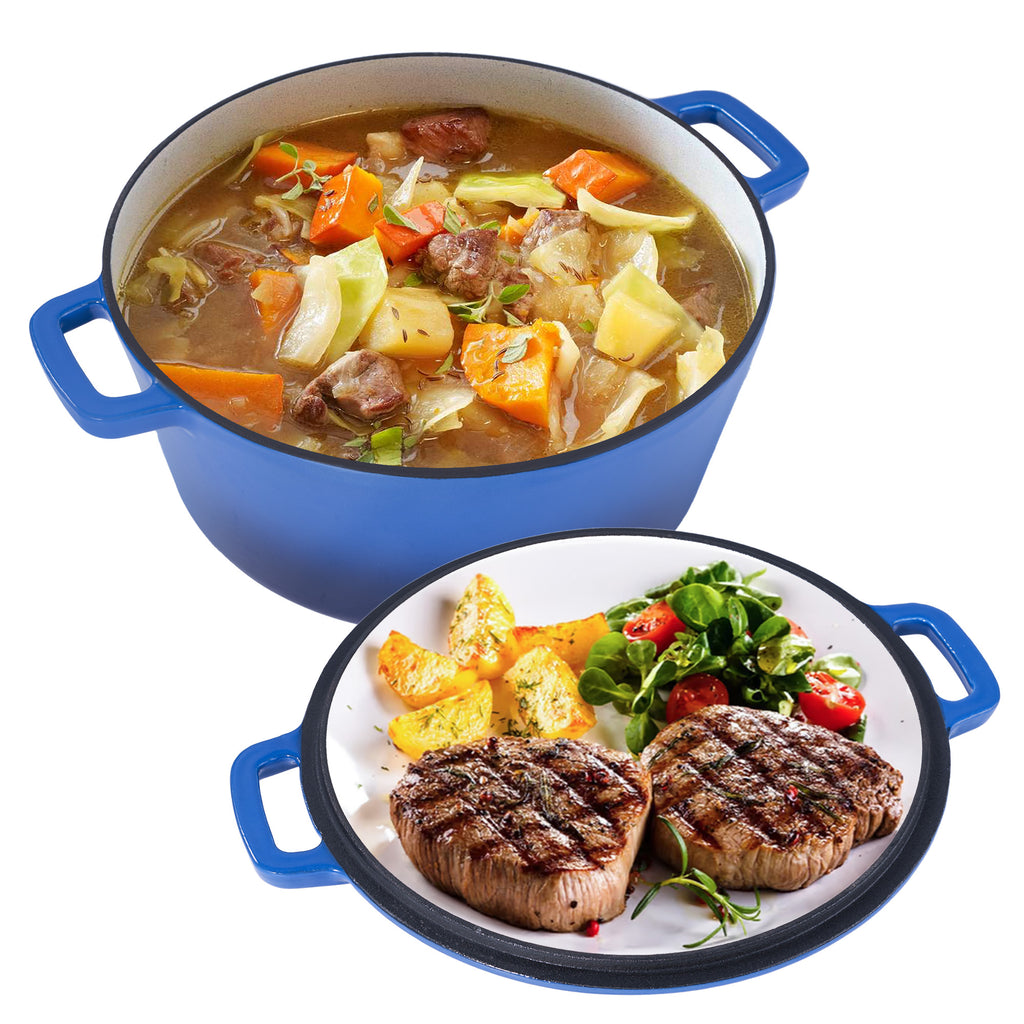 2 in 1 Enameled Cast Iron Dutch Oven, Multi-Functional Cover as Skillet, Dual Handles, Oven Safe, 3 Colors Available for Baking, Braising, Stewing