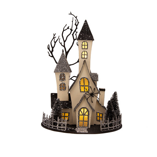 Lighted Haunted House Halloween Decor, Battery Powered Cardboard Spooky House, 10x8.3x13.5 Inch Black Beige Tabletop Ornament for Holiday Party Decoration