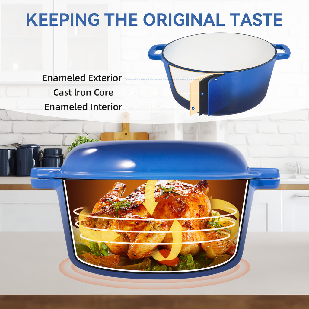 2 in 1 Enameled Cast Iron Dutch Oven, Multi-Functional Cover as Skillet, Dual Handles, Oven Safe, 3 Colors Available for Baking, Braising, Stewing