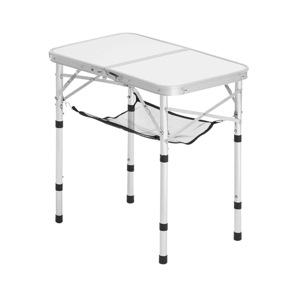 Folding Camping Table, Portable Aluminum Picnic Table with Adjustable Height and Mesh Shelf, Lightweight Outdoor Beach Table