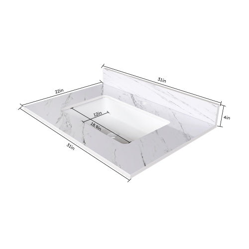 31 Inch Bathroom Vanity Top with Undermount Rectangle Sink, White Marble Engineered Stone Countertop with 4 Inch Backsplash