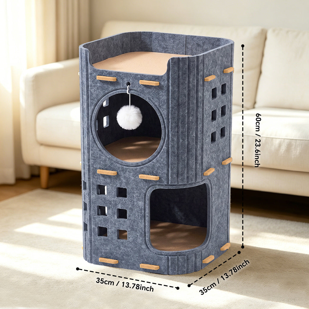 23.62 Inch 2-Storey Felt Cat Bed Cave, Large Covered Tunnel Hideaway, Scratch Resistant Cozy Indoor Condo for Multi Cats, Dark Grey