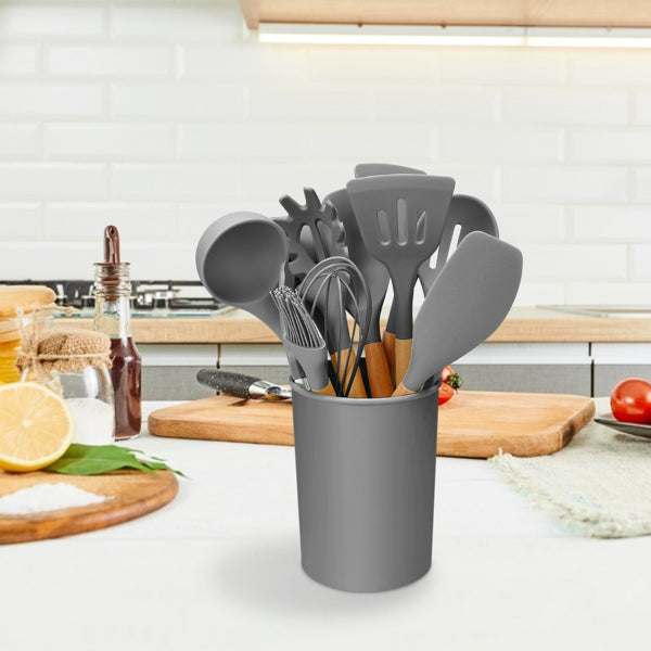 12 Pcs Silicone Kitchen Utensil Set with Bamboo Handles, Gray Cooking Tools with Holder, Heat Resistant Nonstick Spatula Set
