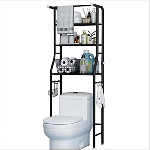 AEELLEEA 3-Tier Over-the-Toilet Storage Rack, Freestanding Bathroom Organizer Shelf with Adjustable Feet and Hooks, Black