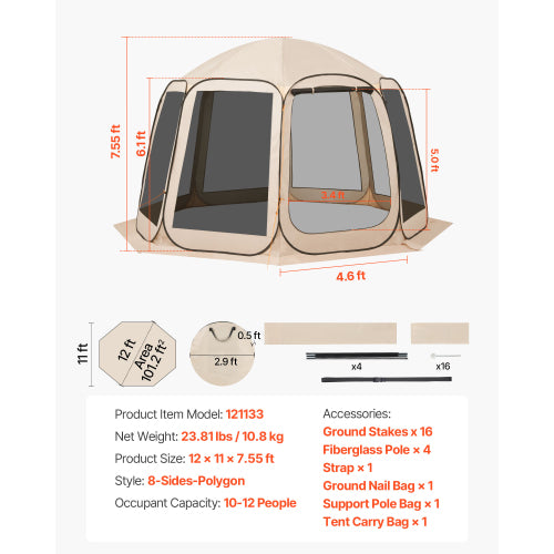 Screen House Tent 10 12 Person, Pop Up Mesh Tent 12 x 11 x 7.55 ft, Octagonal Camping Canopy with 360 Mesh, Outdoor Gazebo