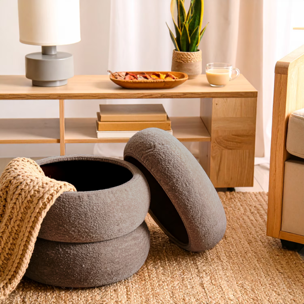 AEELLEEA 17.5" Round Boucle Storage Ottoman with Removable Lid, Upholstered Footstool for Living Room Bedroom, Taupe