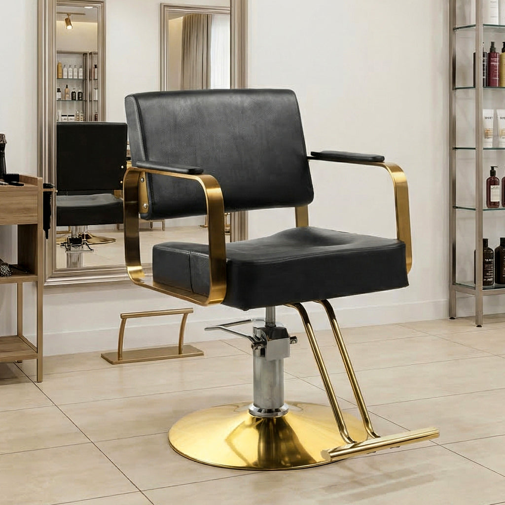 AEELLEEA 39.37" Salon Barber Chair, Black PU Leather Gold Frame, Hydraulic Adjustable Styling Chair for Hair Salon