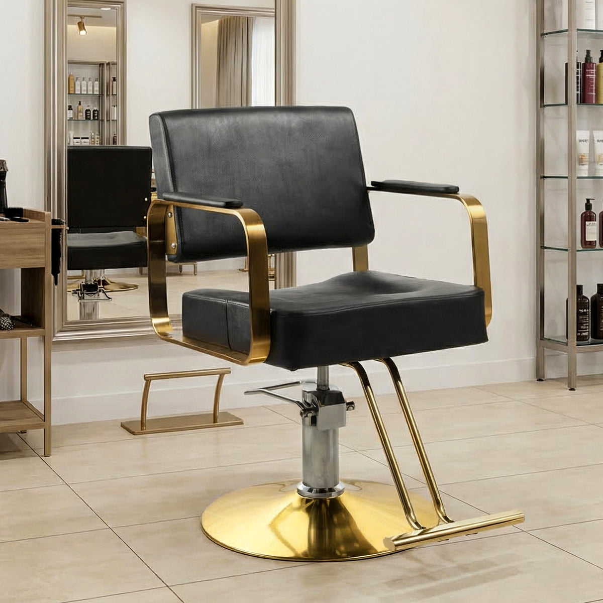 AEELLEEA 39.37" Salon Barber Chair, Black PU Leather Gold Frame, Hydraulic Adjustable Styling Chair for Hair Salon