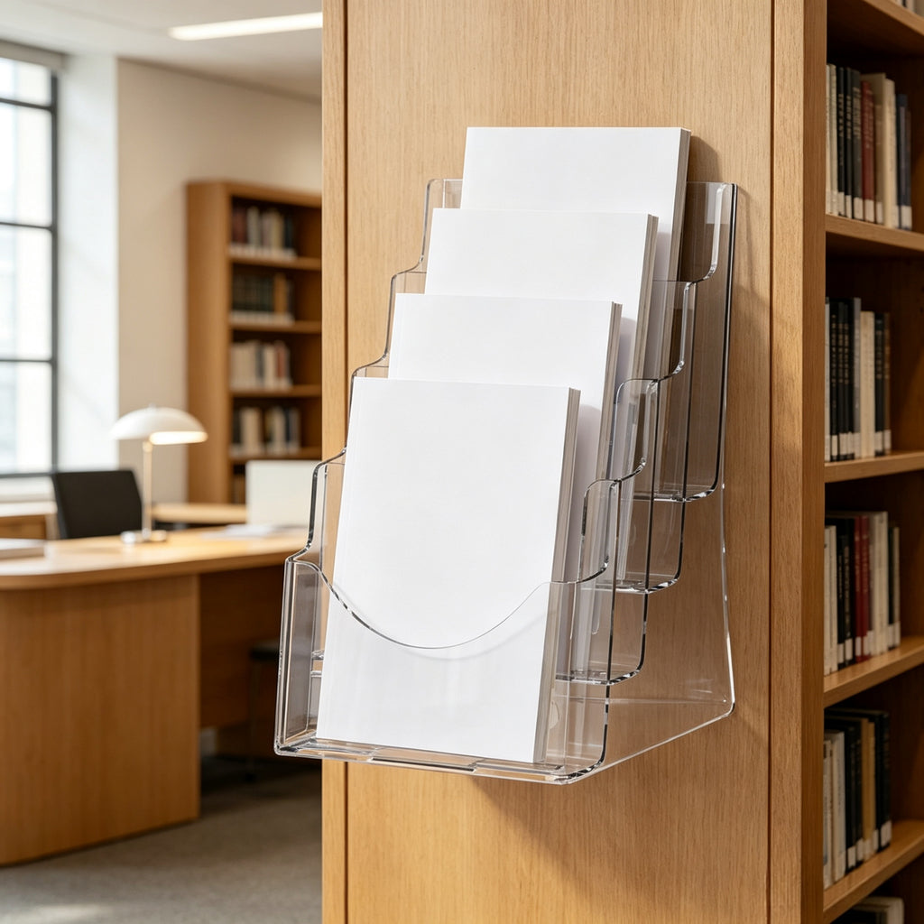 4-Tier Acrylic Wall Mounted File Holder, Clear Wall File Organizer, Hanging Paper Magazine Rack for Office Home