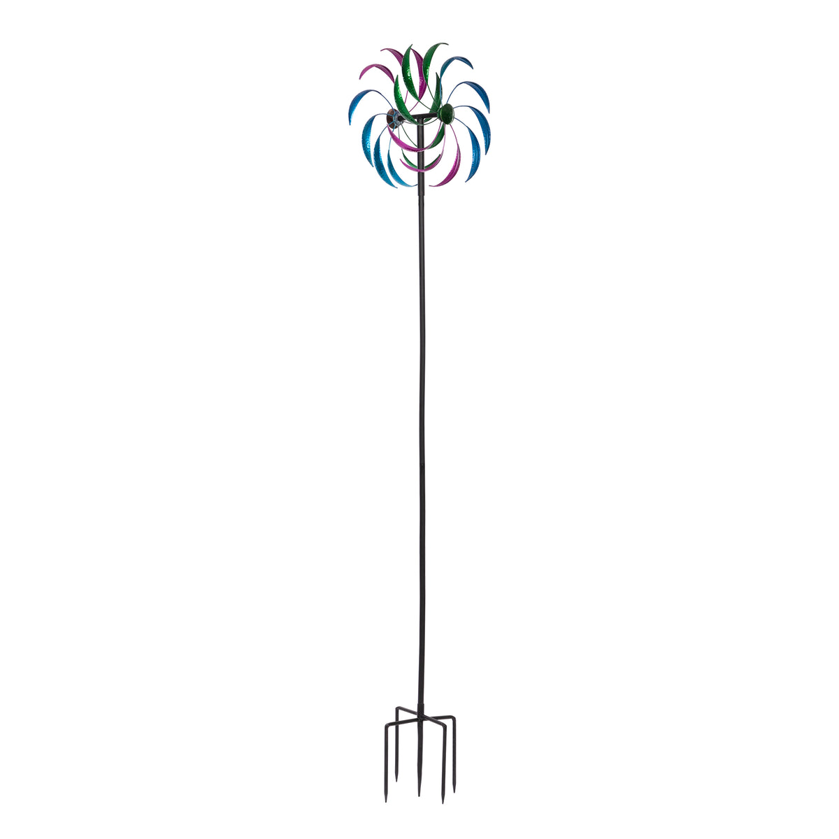 Double Wheel Rainbow Windmill Green Purple Blue, Outdoor Garden Yard Decor Pinwheel Kids Toy with Ground Stake