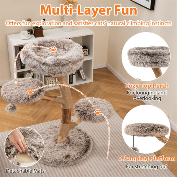 AEELLEEA 35.5-Inch Natural Wood Cat Tree with Plush Perches, Sisal Scratching Posts and Hanging Pom-Pom Toy