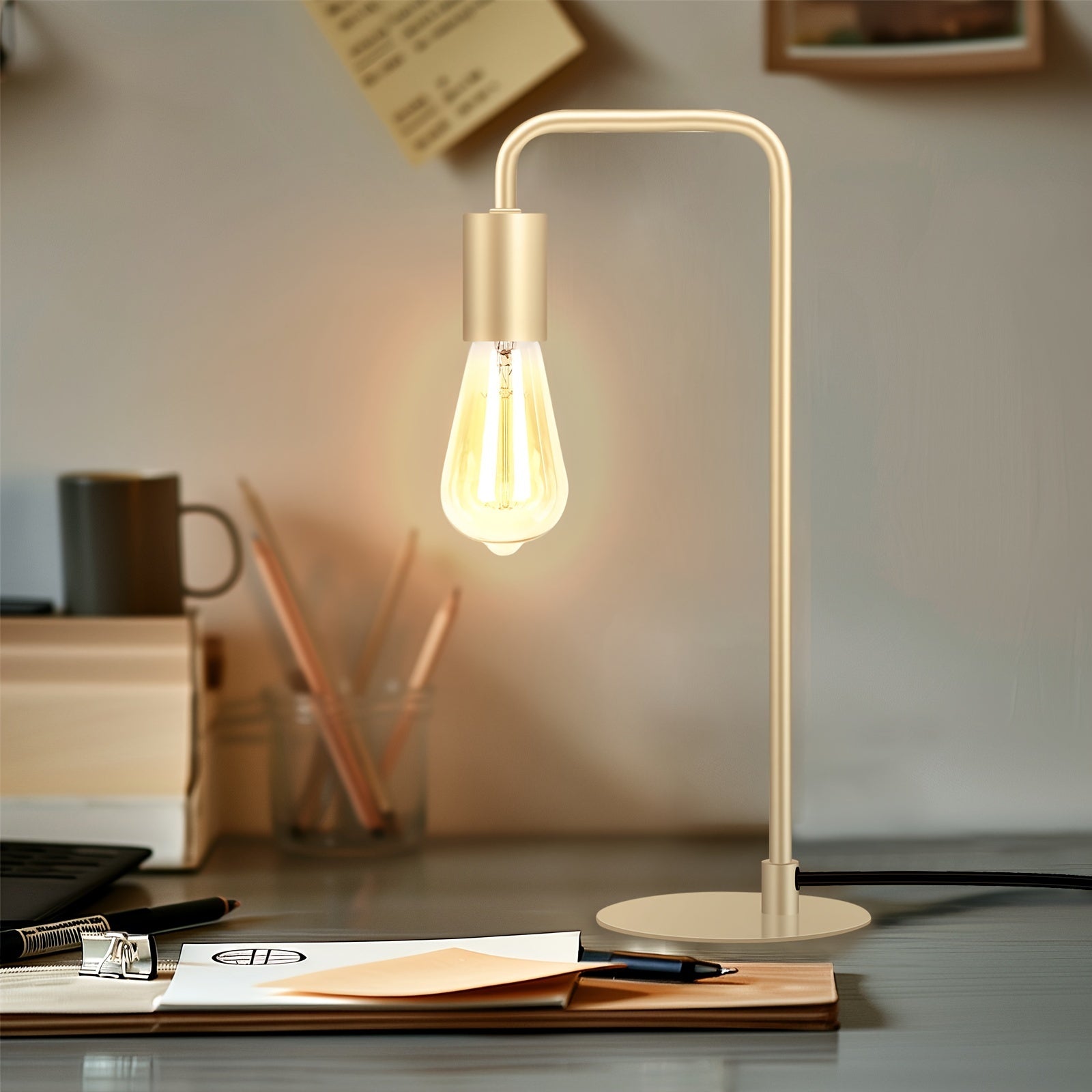 French Gold Desk Lamp - Edison Desk Lamp - Industrial Bedside Lamp For Bedroom, Living Room, Dormitory - Small Metal Lamp For Reading, Nightstand, Dressing Table