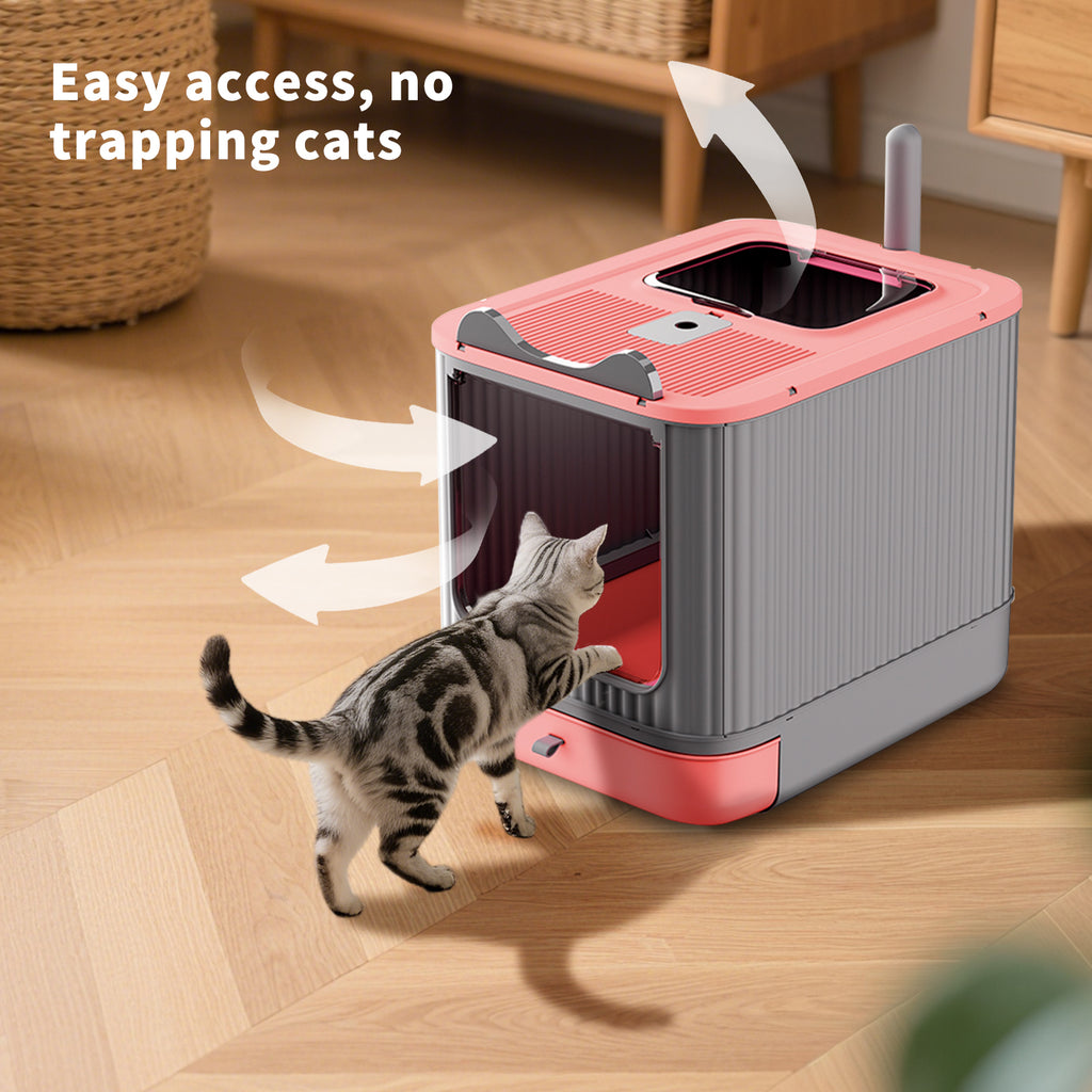 Foldable Enclosed Cat Litter Box with Drawer Tray, Top Exit & Front Entry, Litter Scoop, Gray and Pink, 19.69" x 13.78" x 13.78"