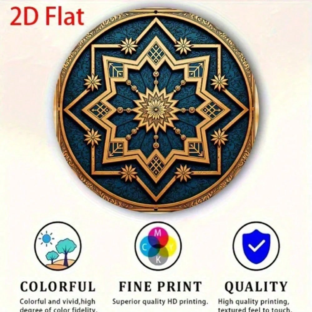 AEELLEEA-Blue Star Geometric Round Aluminum Tin Sign, 7.88 Inch 2D Flat Printed Islamic Style Wall Plaque, Waterproof Metal Art Decor