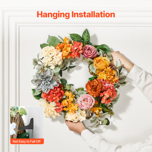 24 Inch Front Door Wreath, Red Orange Yellow Hydrangea Rose Artificial Flower Wreath with Welcome Sign for All Seasons