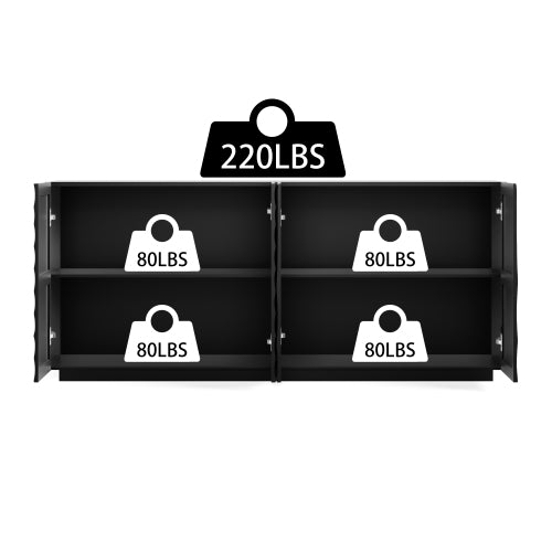 AEELLEEA Modern Black Sideboard Buffet Cabinet with 4 Doors, 3D Circular Pattern Storage Cabinet with Metal Legs for Dining Room