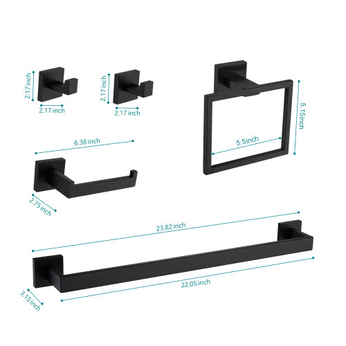 AEELLEEA 5-Piece Matte Black Bathroom Hardware Set, 23.82" Towel Bar Towel Ring Toilet Paper Holder 2 Robe Hooks Wall Mount Kit