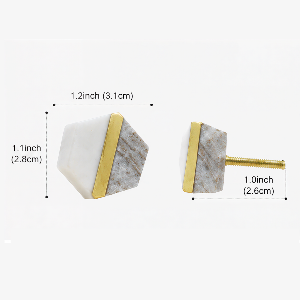 Natural Stone Hexagon Cabinet Knob with Gold Accent, Decorative Drawer and Dresser Furniture Hardware, White and Gray
