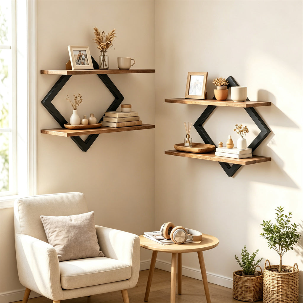 2 Pack Diamond Floating Wall Shelves, Rustic Wood & Metal Double Tier Wall Mount Shelf for Bedroom Living Room Kitchen Decor
