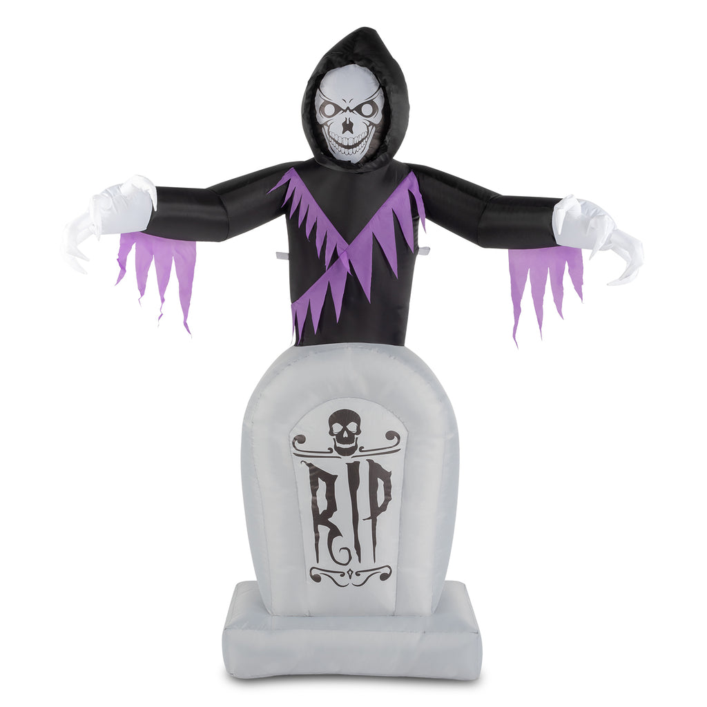 6ft Halloween Inflatable Grim Reaper with Grave, 3 LED String Lights, 12V Waterproof Outdoor Yard Lawn Decoration with Stakes & Sandbags