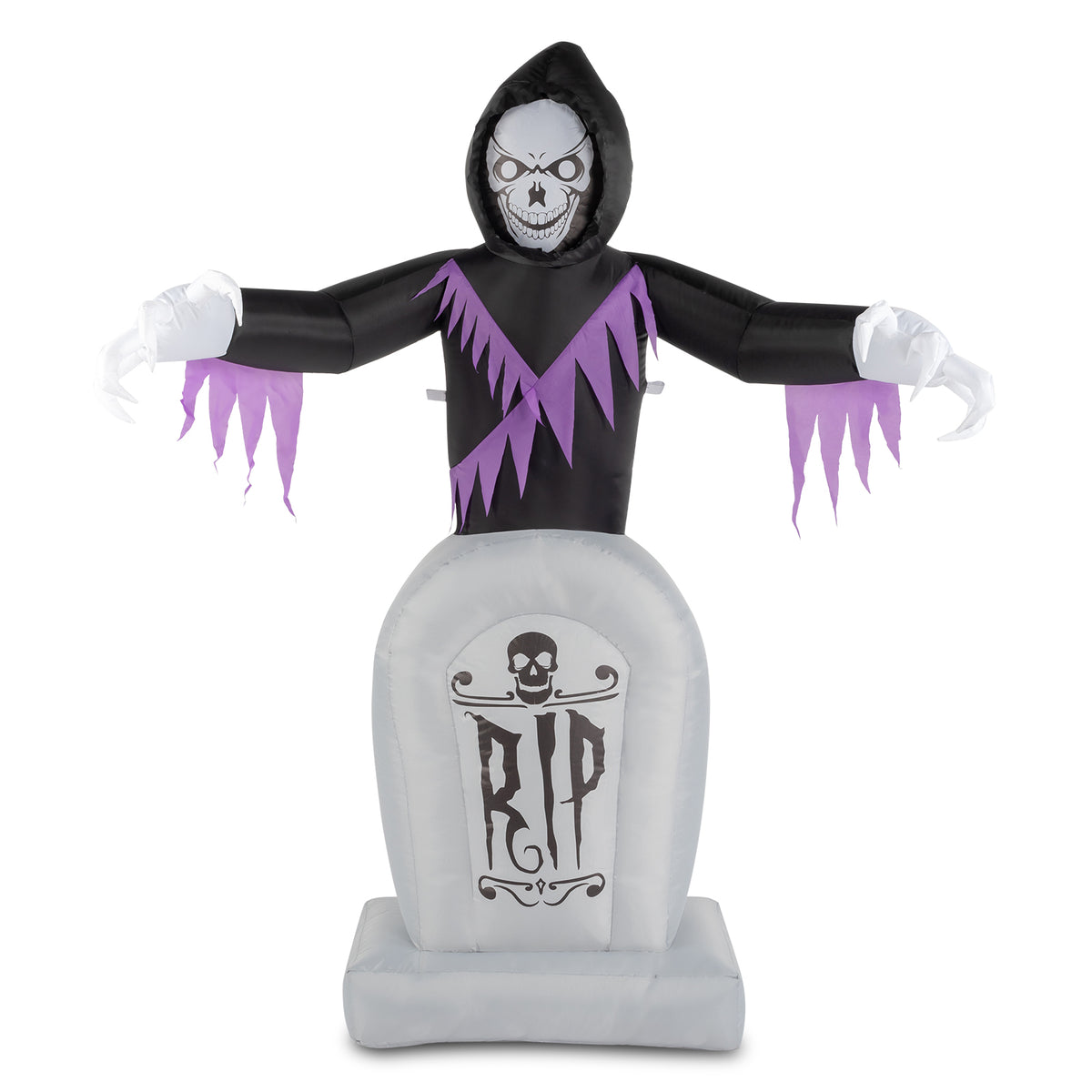 6ft Halloween Inflatable Grim Reaper with Grave, 3 LED String Lights, 12V Waterproof Outdoor Yard Lawn Decoration with Stakes & Sandbags