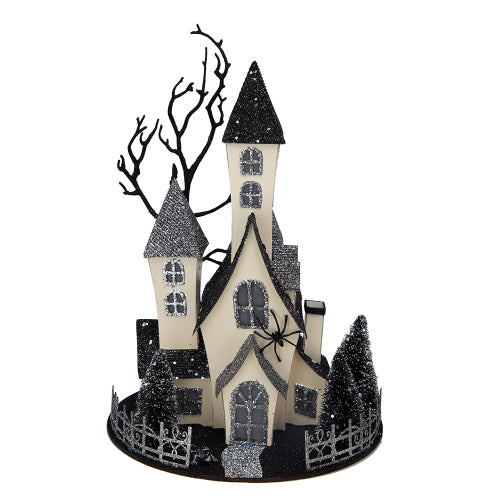 Lighted Haunted House Halloween Decor, Battery Powered Cardboard Spooky House, 10x8.3x13.5 Inch Black Beige Tabletop Ornament for Holiday Party Decoration