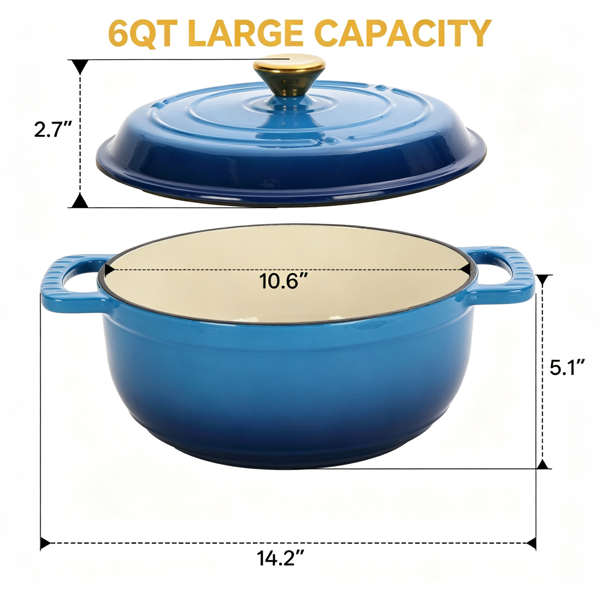 AEELLEEA 6QT Enameled Cast Iron Dutch Oven with Lid, Nonstick Interior, Dual Handles, Blue