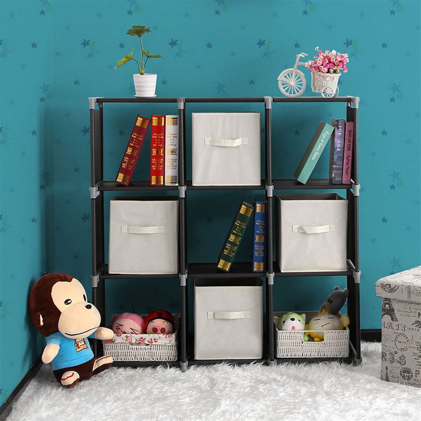 Multifunctional 3‑Tier 9‑Cube Storage Shelf, Open Storage Organizer Unit for Bedroom Bathroom Kitchen Living Room, Black