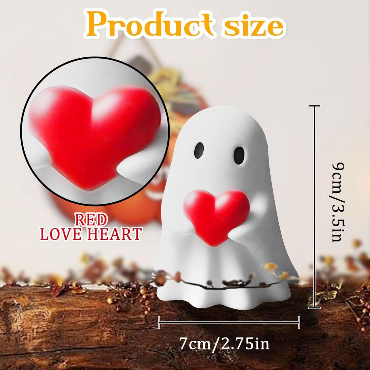 AEELLEEA Cute Ghost Figurine with Red Heart, Resin Halloween Tabletop Decor, Small Spooky Ghost Statue for Desktop Shelf Home Holiday Decoration