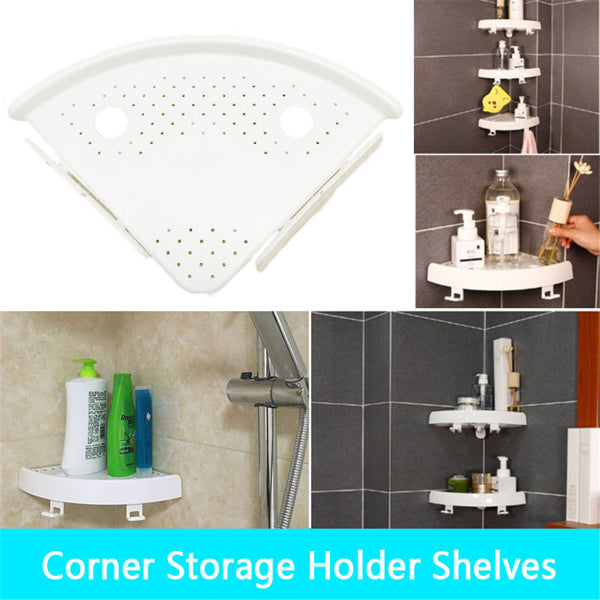 No Drill Bathroom Corner Shelf, White Fan Shaped Adhesive Corner Holder with Drain Holes and Hooks, Wall Mount Organizer for Shampoo Toiletries