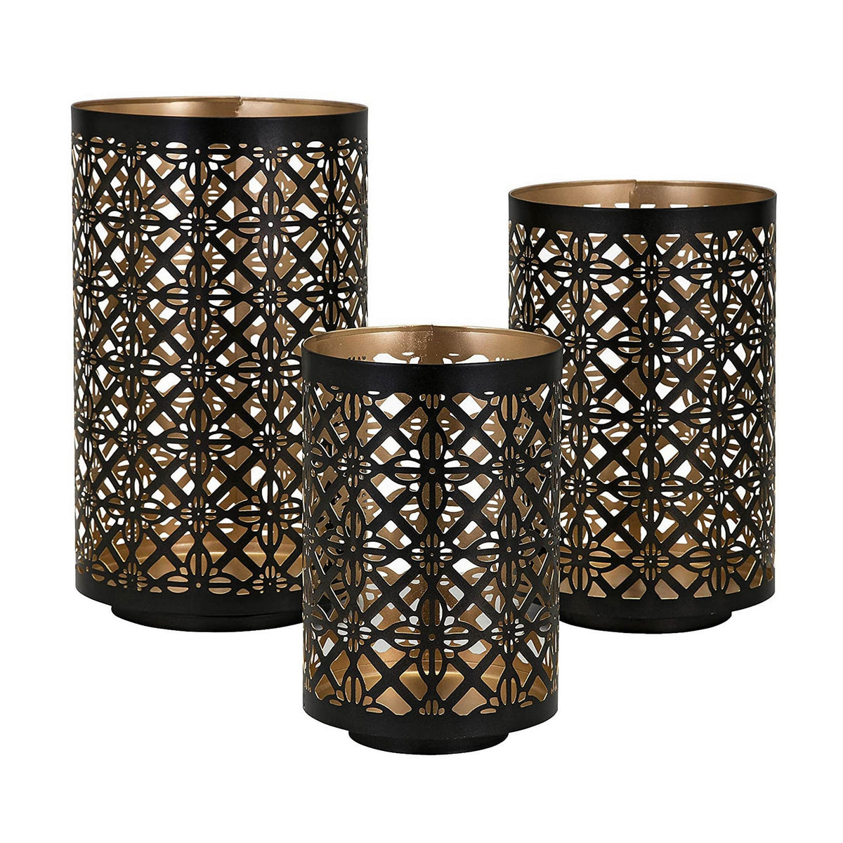 AEELLEEA Set of 3 Metal Lantern Candle Holders, Moroccan Lattice Cutout, Black & Gold Hollow Candle Decor for Entryway Table