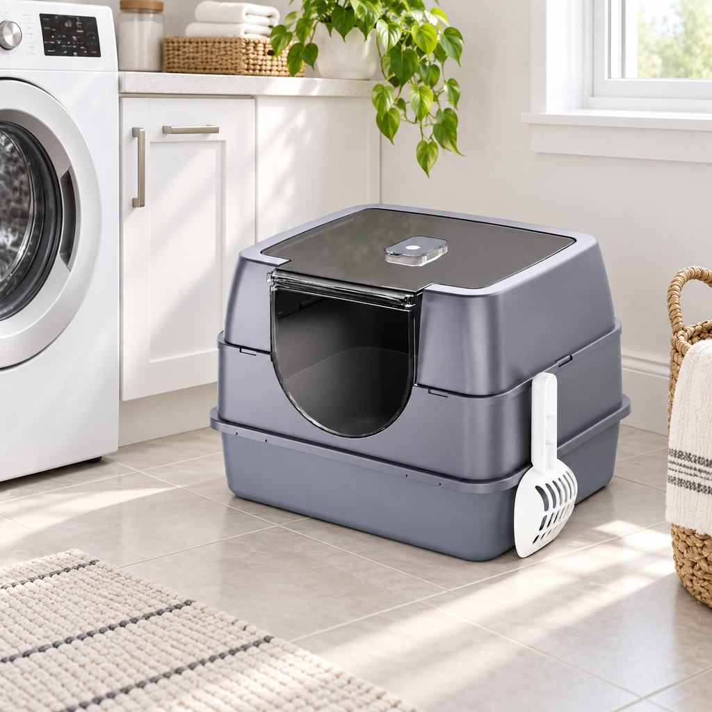 Fully Enclosed Hooded Cat Litter Box with Flip Top Lid, Odor Control Large Kitty Litter Pan with Scoop for Indoor Cats