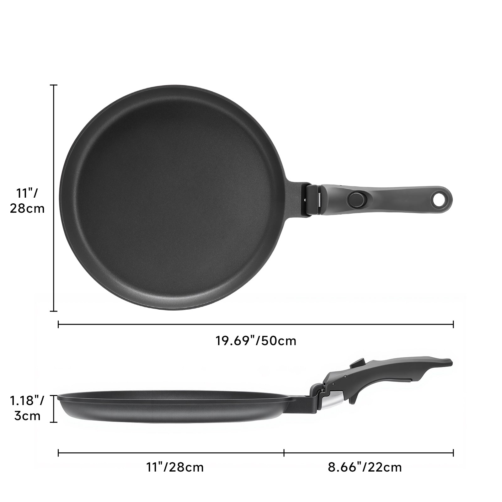 11 Inch Nonstick Crepe Pan with Detachable Handle, Titanium Pancake Pan, Flat Tawa Dosa Tortilla Pan, Induction Compatible, Oven Safe, Dishwasher Safe, PTFE & PFOA Free