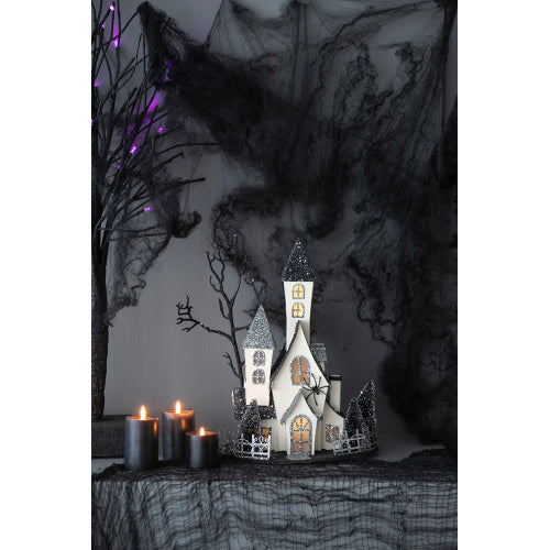 Lighted Haunted House Halloween Decor, Battery Powered Cardboard Spooky House, 10x8.3x13.5 Inch Black Beige Tabletop Ornament for Holiday Party Decoration