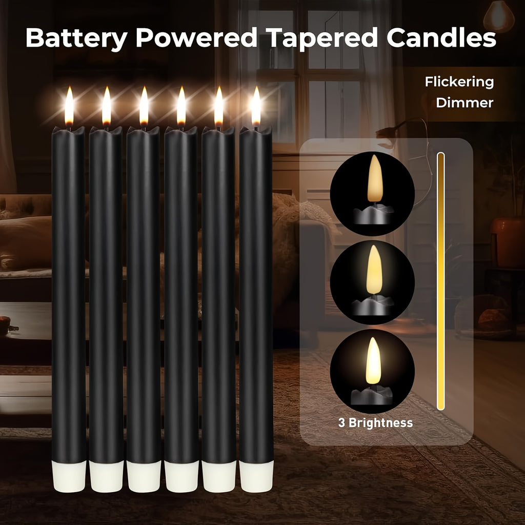 Flameless Black Taper Candles Flickering with 10-Key Remote, LED Warm 3D Wick Light Window Candles Real Wax Pack of 6, Christmas Home Wedding Decor