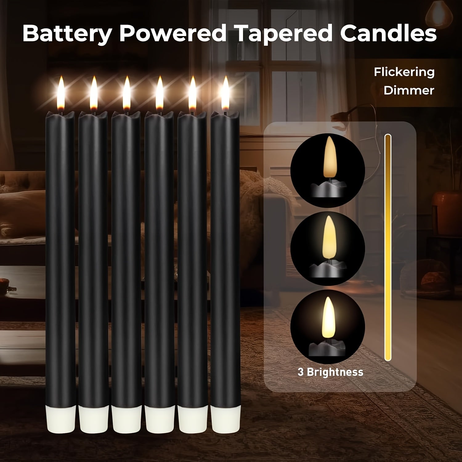 Flameless Black Taper Candles Flickering with 10-Key Remote, LED Warm 3D Wick Light Window Candles Real Wax Pack of 6, Christmas Home Wedding Decor